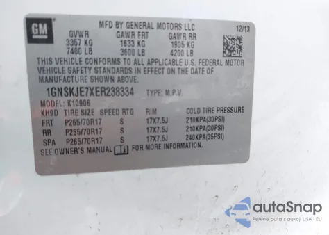 2014 Chevrolet Suburban 1500 Lt from USA, damaged, VIN 1GNSKJE7XER238334